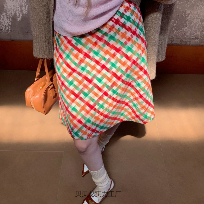 《利兹新贵》彩虹格半身裙女新款高腰字遮胯复古显瘦裙子