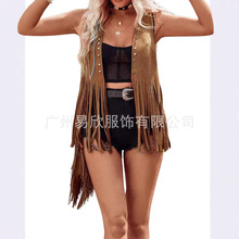 女式流苏背心无袖 70 年代嬉皮士仿麂皮流苏夹克开衫