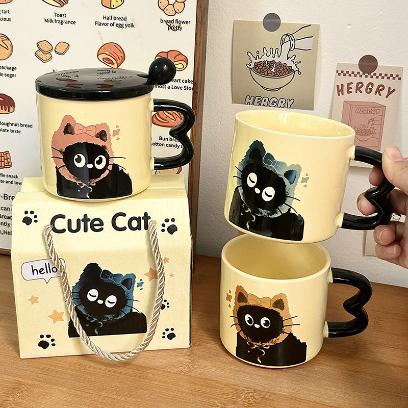 可爱杯子陶瓷杯带盖卡通礼品水杯高颜值伴手礼创意个性马克杯猫咪