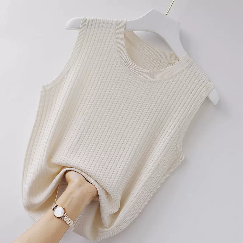 White knitted tank top, thin T-shirt sleevless, plus size, fitted