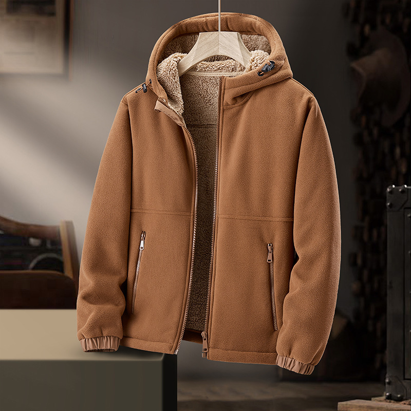 Autumn and Winter New Heavy Men's Fleece Jacket Casual Hooded Lamb Fleece fleece-lined Thickened Warm Cardigan Jacket