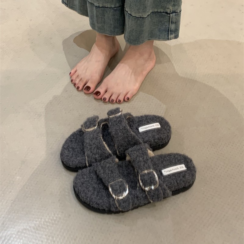 韩版勃肯毛毛拖鞋女外穿秋冬新款羊羔毛厚底一脚蹬懒人棉拖鞋子女|undefined