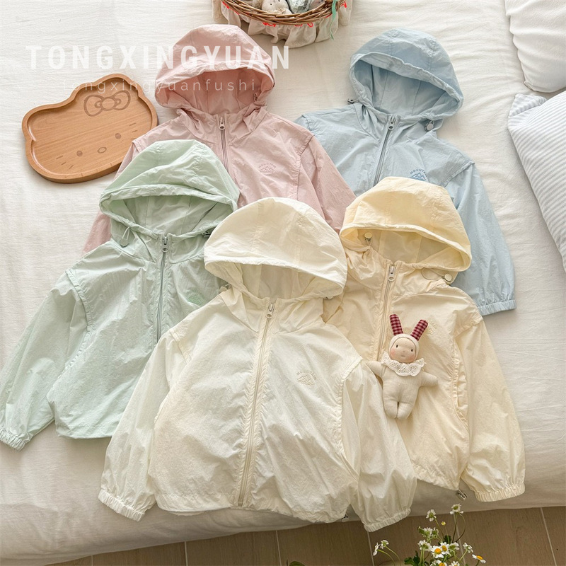 Tongxingyuan Children's Wear Summer Thin Coat New Children's Hooded Windbreaker for Little Girls Solid Color Cardigan Top Sunscreen Clothes