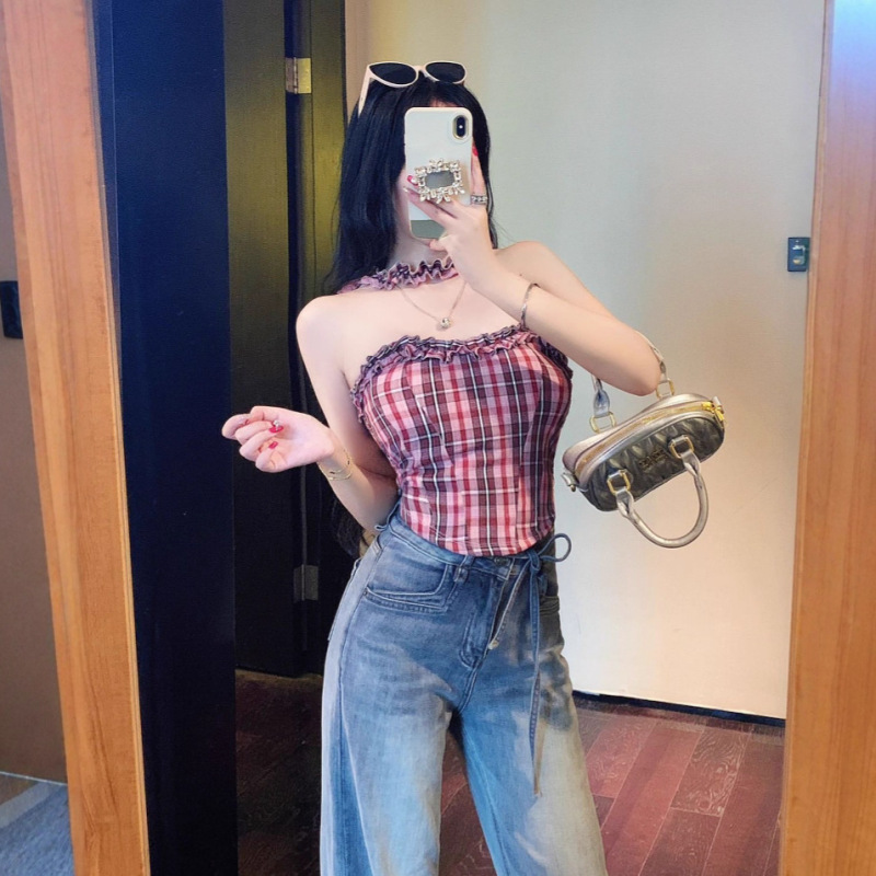 25 New Styles of American Retro Plaid Waist-Cinching Slim-Fit Irregular Tie-Up Tank Tops, Sexy Backless Camisoles for Hot Girls