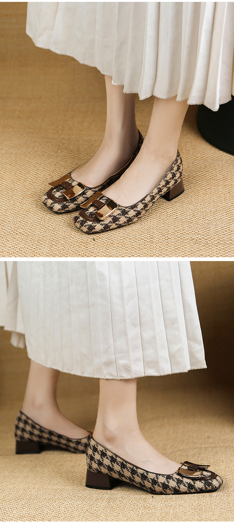 Houndstooth Square Toe Casual Single Shoes Women Summer New Metal Chain Low Heel Shallow Mouth S Soft Bottom Slip On_voghion.com