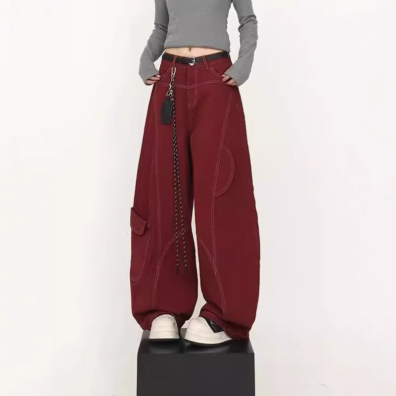 Vintage Red Pants Jeans for Women 2025 Spring and Autumn New High-Waisted Casual Floor-Length Loose Wide-Leg Scimitar Pants Trendy Vintage Red Pants Jeans for Women 2025 Spring and Autumn New High-Waisted Casual Floor-Length Loose Wide-Leg Scimitar Pants Trendy