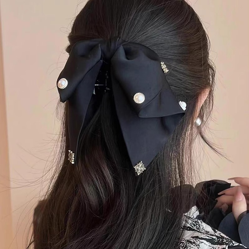 レトロなフレンチサテンリボンクリップ女性用 2025 新しいハイエンド気質ヘアクリップ後頭部クリップ帽子|undefined