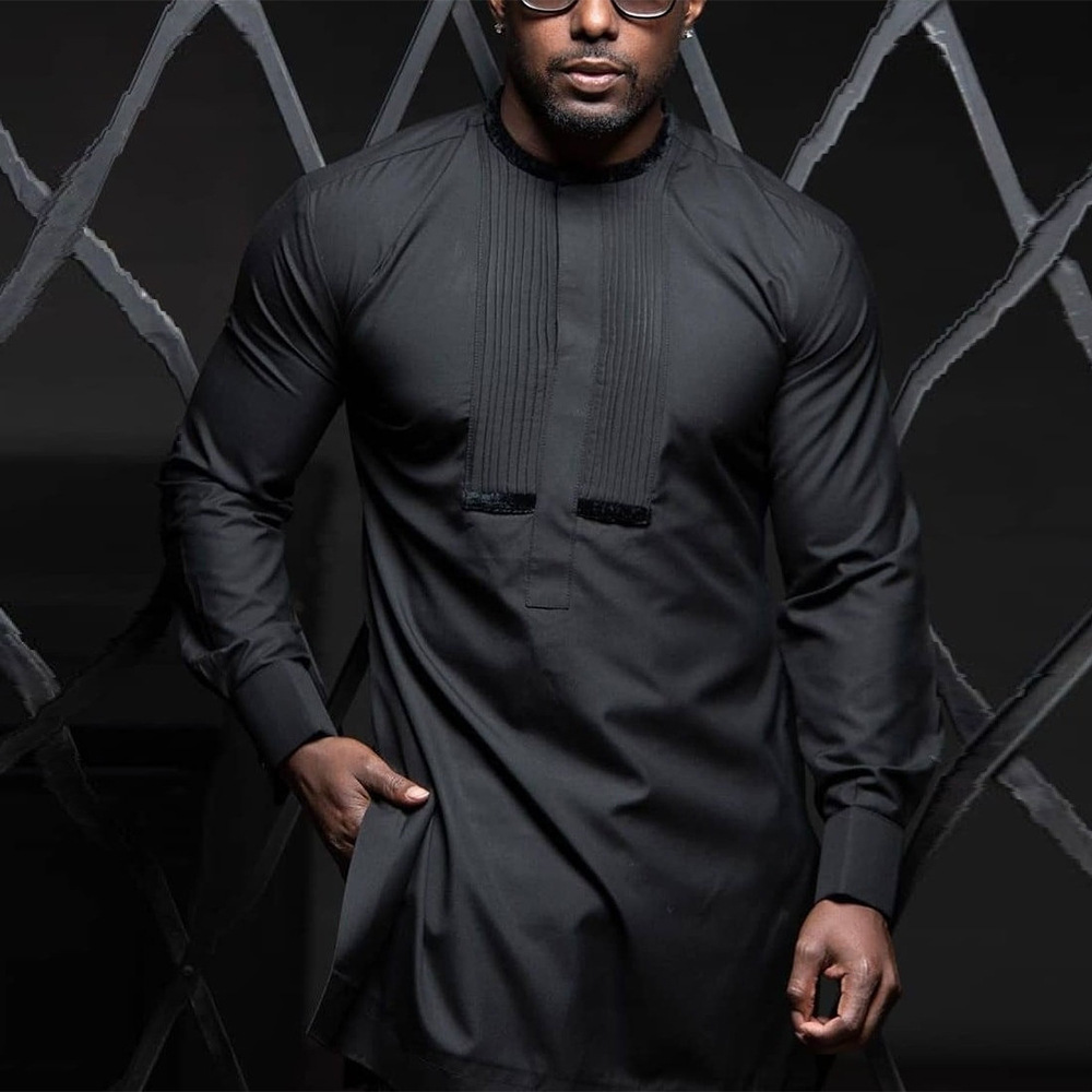 African Men's Two-Piece Suit, Black Pleated Casual Versatile Trendy Style, Best-Selling African Men's Clothing