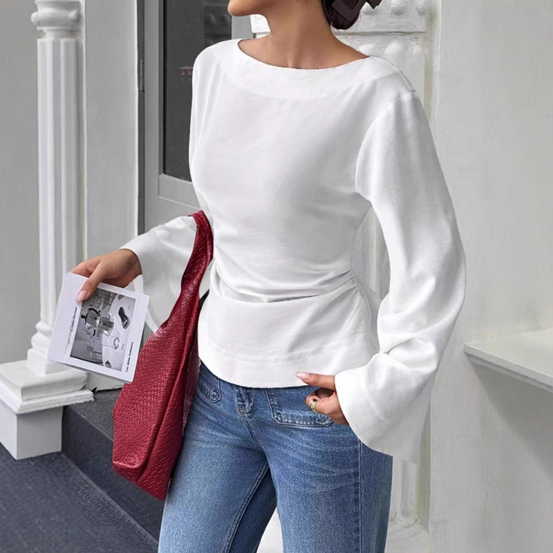 2025 European and American New Style Solid Color Fashion Casual Versatile Waist-Cinching Boat Neck Unique Street Style Flared Long-Sleeve Top T-Shirt