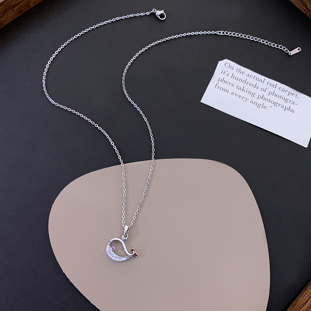 Silver Dancing Whale Micro Inlaid Zircon Titanium Steel Necklace