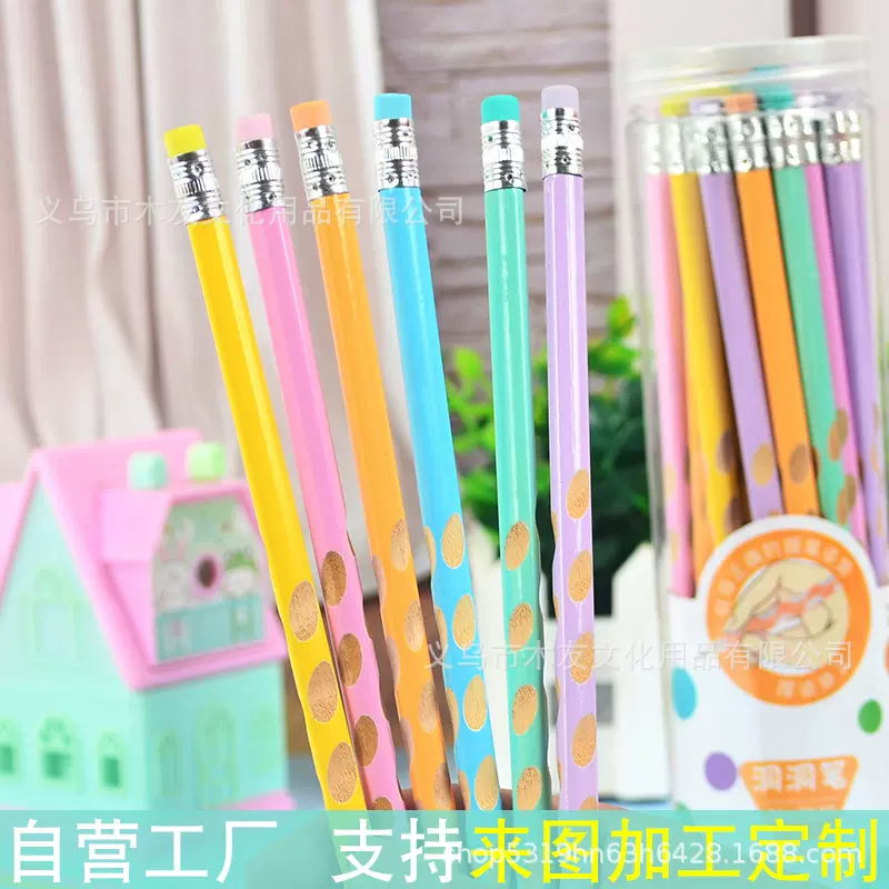 工厂自销HB铅笔马卡龙原木铅笔小学生可爱铅笔高颜值三角杆洞洞笔
