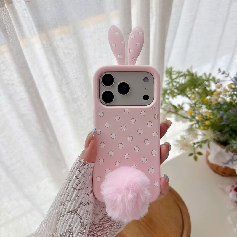 Cute Pink Polka Dot Bunny Ears Fur Ball iPhone 17 Case Suitable for Apple 16/14/15 Pro Max Phone Case 13 Cute Pink Polka Dot Bunny Ears Fur Ball iPhone 17 Case Suitable for Apple 16/14/15 Pro Max Phone Case 13