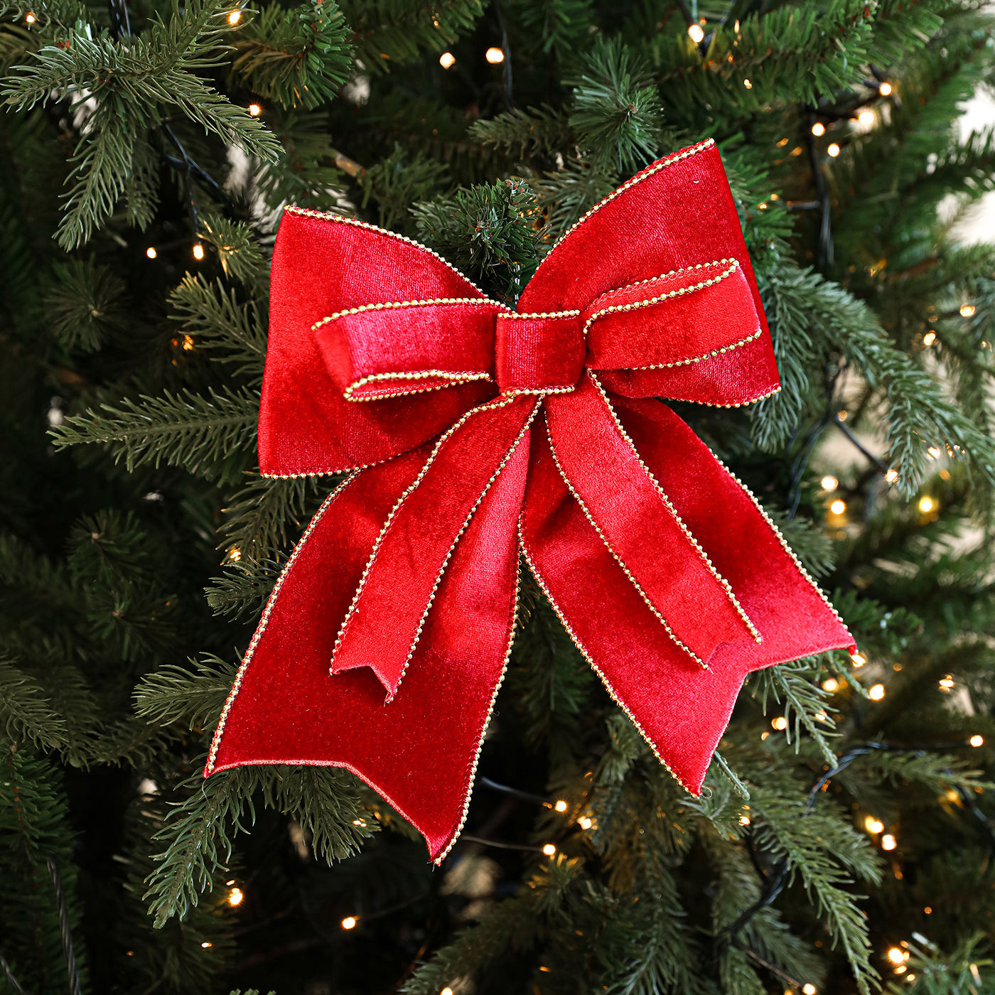 Tela transfronteriza arco rojo de Navidad doble capa de terciopelo alto árbol de Navidad colgante decoración decoración accesorios