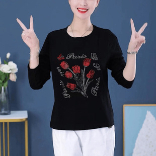[New] 2024 Spring and Summer Long Sleeve plus size Foreign Style Hot Drilling High-end Leisure Joker Middle-aged and Elderly Mothers Base