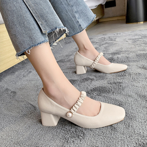 Women's Summer Han Style Rough Sole Single Shoes with Mahogany Toe Evening Windy Heels Gentle Li Zhen Shoes