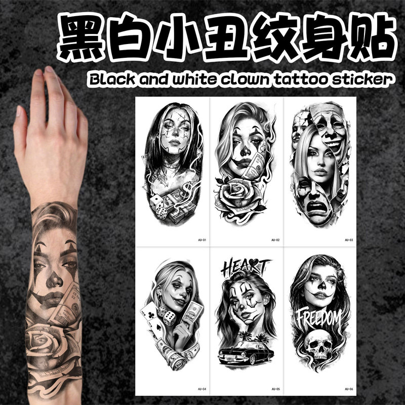 Small Full-Arm Waterproof Tattoo Sticker, Half-Arm Dark Art Chicano Clown Girl Half-Arm Temporary Cross-Border New Product Small Full-Arm Waterproof Tattoo Sticker, Half-Arm Dark Art Chicano Clown Girl Half-Arm Temporary Cross-Border New Product