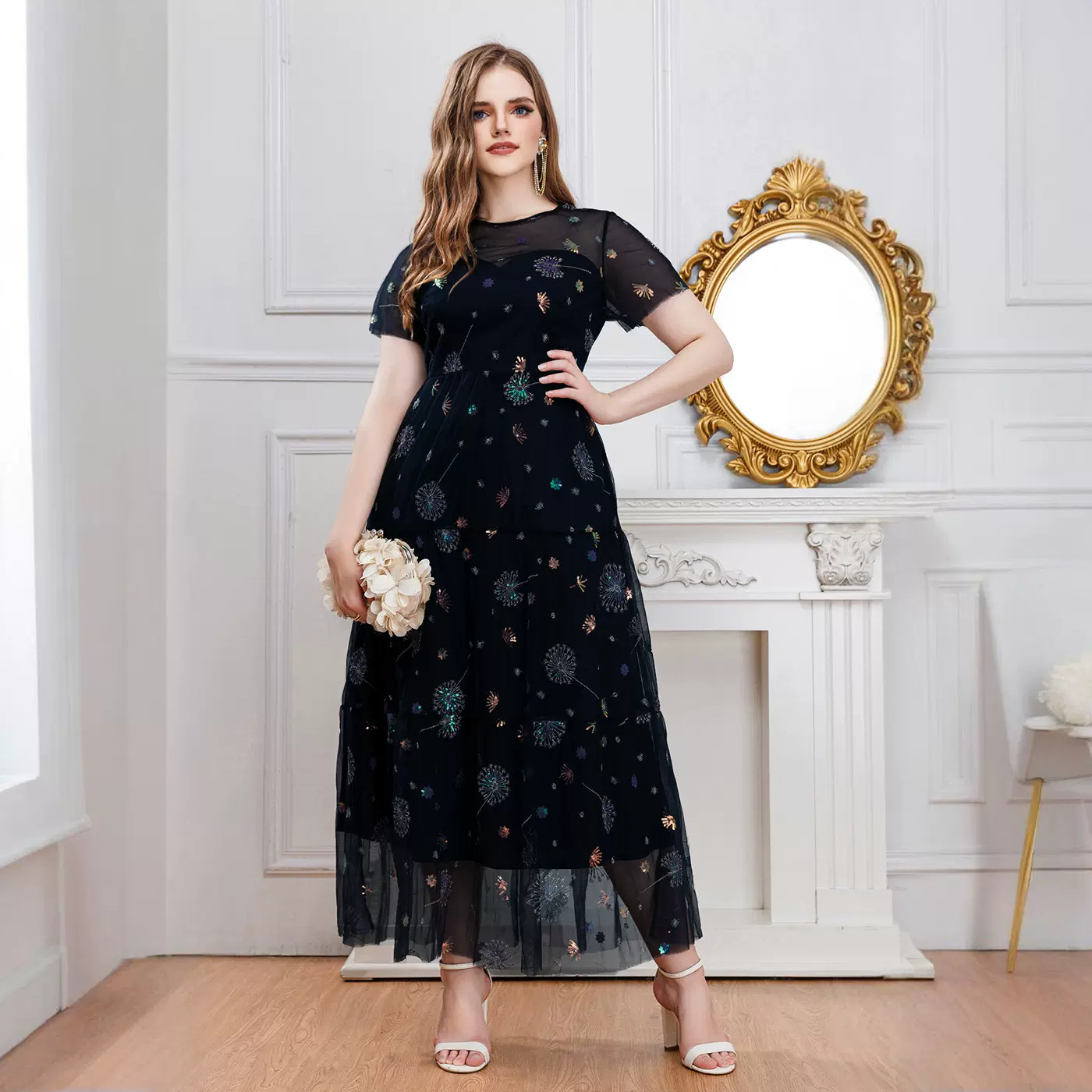 跨境新品欧美女装大码连衣裙约会气质烫钻长裙女式连衣裙外贸批发