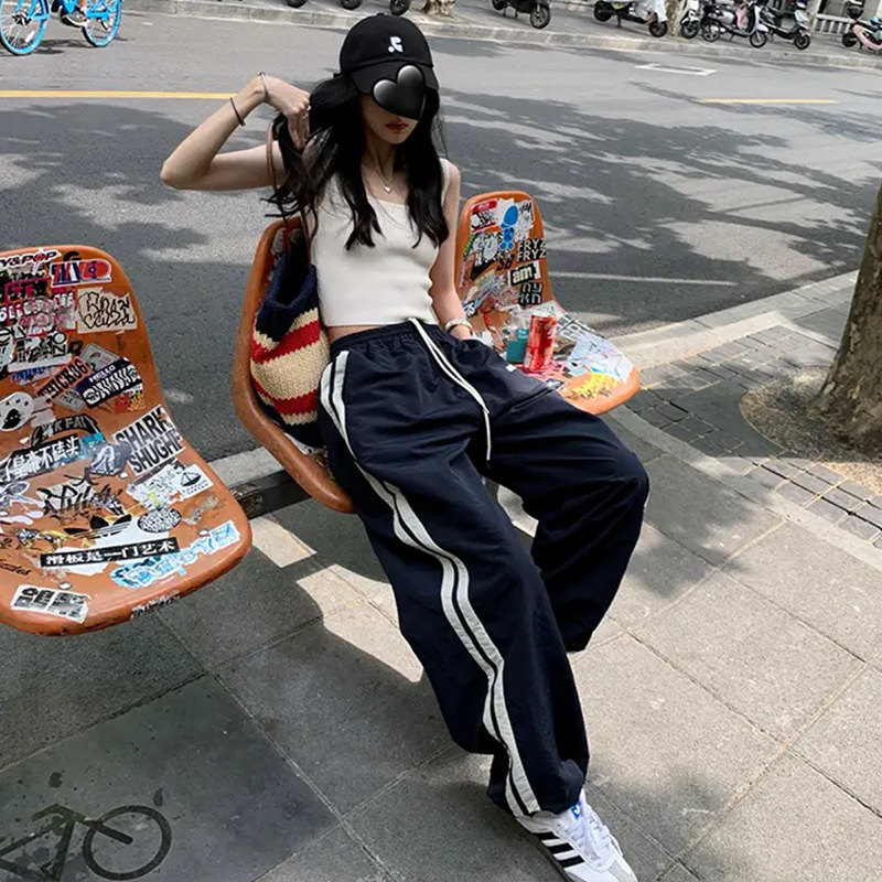 navy blue American Sports Pants Women's Spring and Summer New High Waist Loose Wide-leg Pants Casual Side Striped Quick-drying Pants