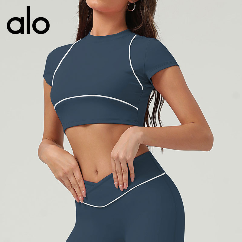 aloyoga新款速干运动上衣女短袖跑步夏季训练健身T恤撞色瑜伽服|undefined