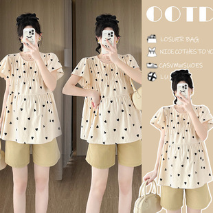 2025 New Pregnant Women Summer Loose Slim Love Fashion Easiest for Match Sweet Age-Reducing Trendy Mom Top + Shorts