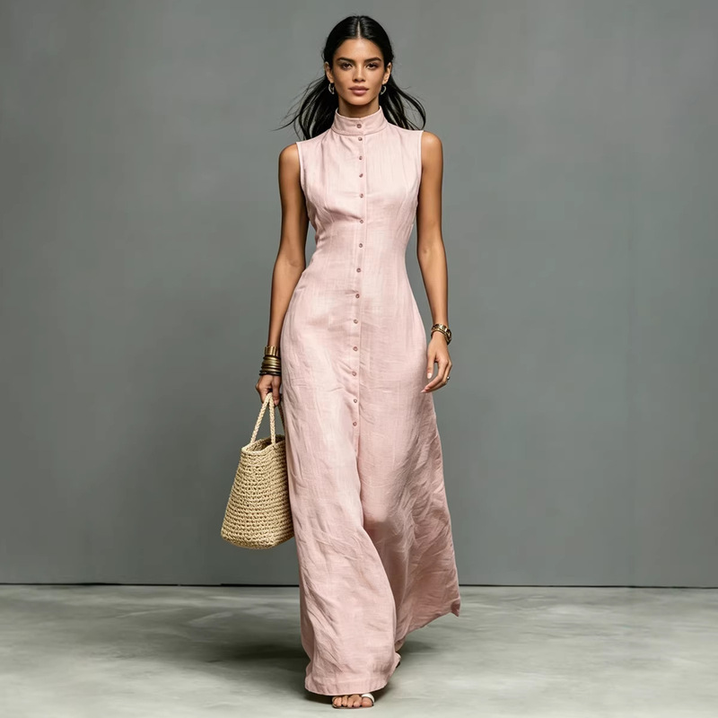 Cross-Border Amazon 2026 New Women's Minimalist Style Linen Blend Stand Collar Single-Breasted Sleeveless Maxi Dress