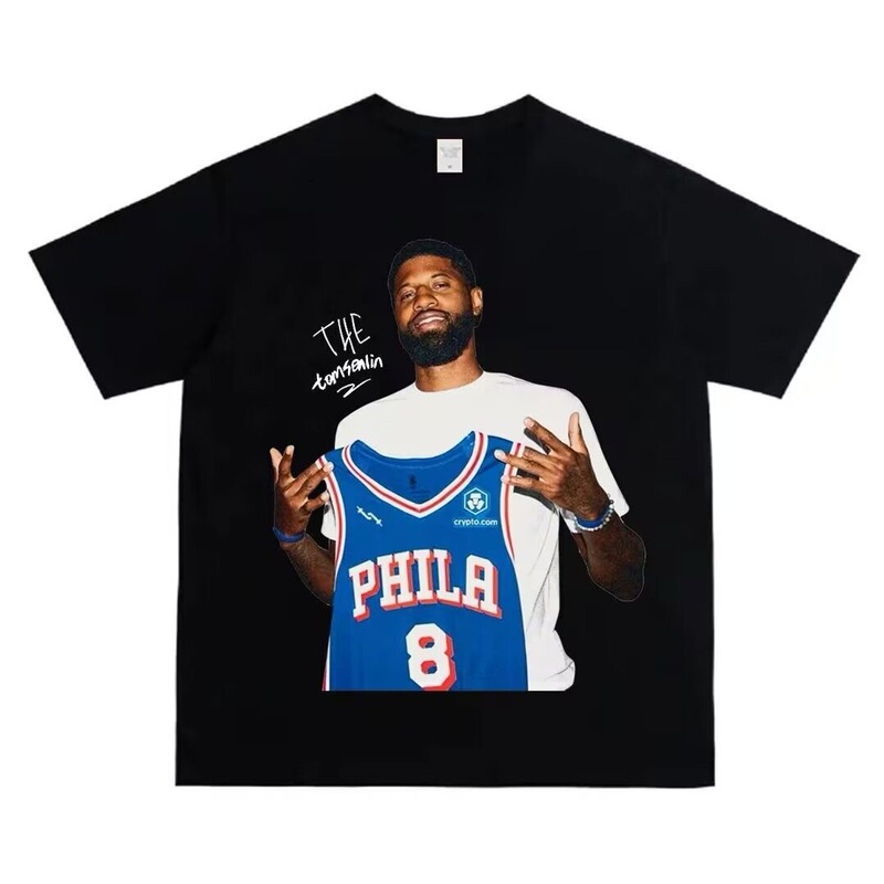American Paul George Retro Printed Short-Sleeved T-Shirt Men's Trendy Pure Cotton Heavy Loose Summer Distressed Washed Top