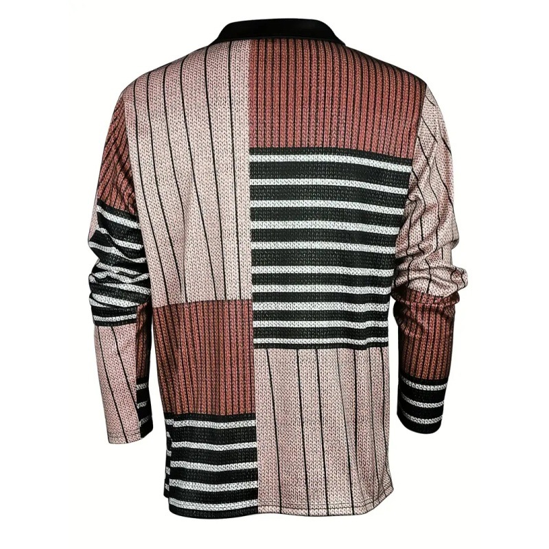 Abstracto geométrico contraste raya 3D estampado hombre calle suelta solapa primavera y otoño cremallera de manga larga camisa POLO