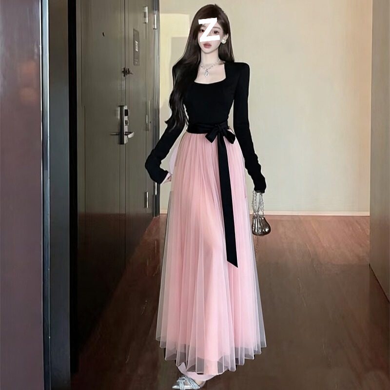 【260G Rayon Ribbed Fabric + Ultra-Dense Polyester Mesh + Lining】French-Style Gentle Mesh Patchwork Waist-Cinching Fairy Long Dress