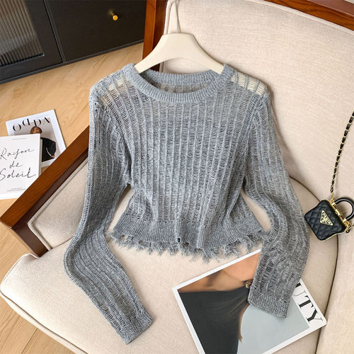 Summer and Autumn New Arrival Design Short Sleeve Sun Protection Air Conditioning Top Casual Gray Lace Embroidery Fringe Knit Cardigan Women