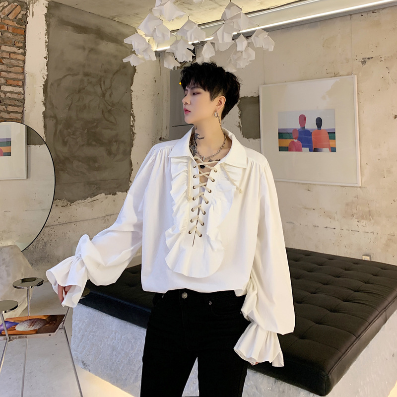 Vintage Cuff and Collar Ruffle Drawstring Long-Sleeve Shirt for Men and Women, European and American Style, Trendy Influencer Fashion, Unique Court-Style Shirt Vintage Cuff and Collar Ruffle Drawstring Long-Sleeve Shirt for Men and Women, European and American Style, Trendy Influencer Fashion, Unique Court-Style Shirt