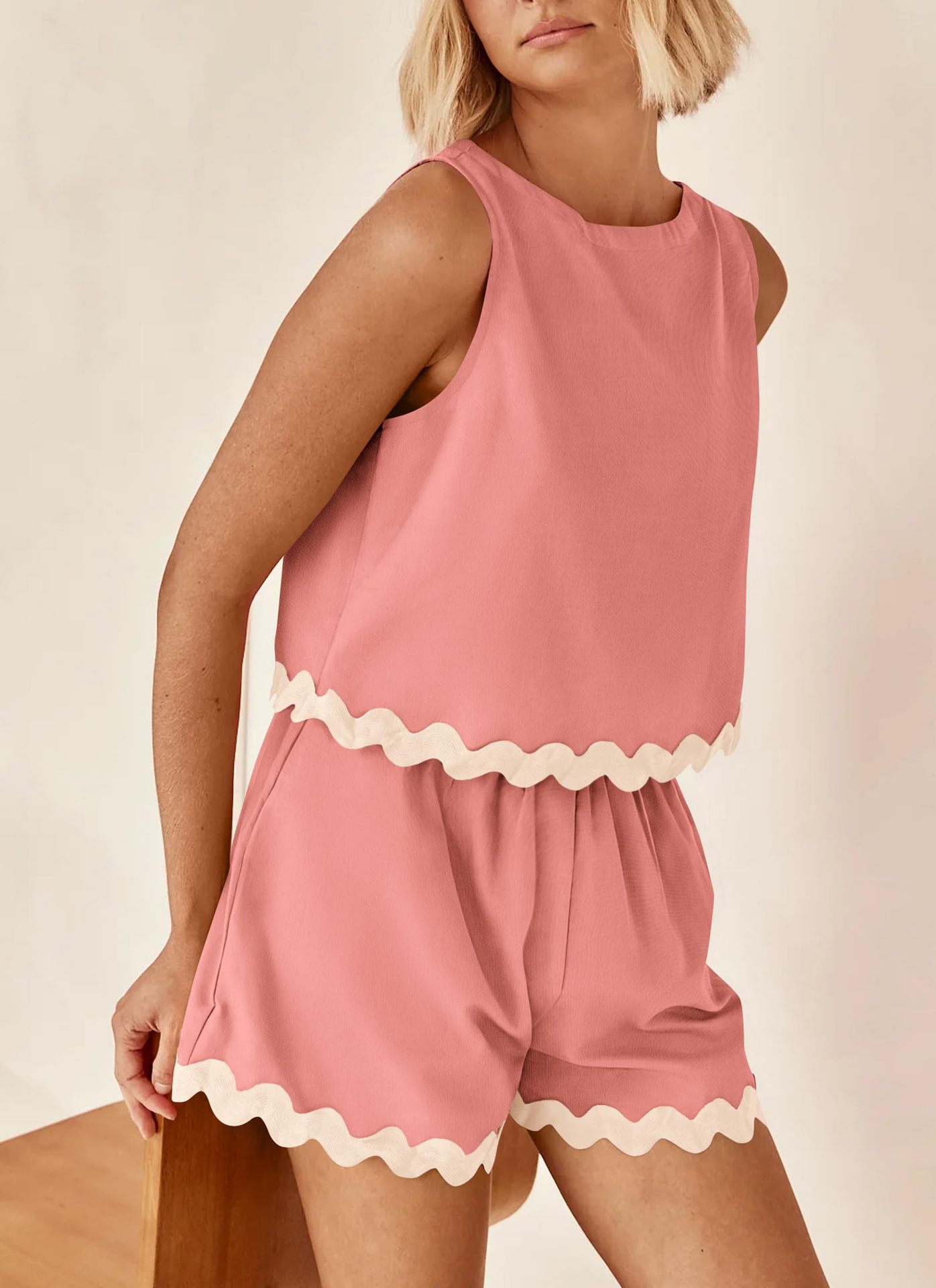 227g Weight Sleeveless Sleeve Length Linen, Lace Fabric Type Shorts Pants Type Shorts Co-ord Set Sets Type 2 Pieces Set Quantity Daily Occasion Round Neck Neckline Loose Fit Type Color Block, Waves Pattern Summer Season Women's Gender Casual Style Lace Craft Daily Women's Casual Color Block Waves Linen Lace Shorts Co-ord Set Shorts Shorts Sets 22