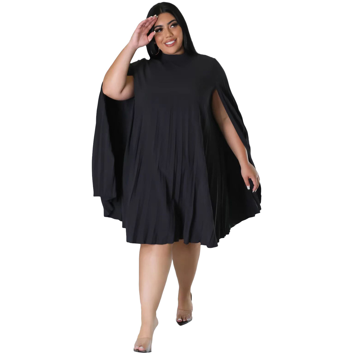 Fashion Solid Color Round Neck Long Sleeve Patchwork Polyester Plus Size Knee-Length Pleated Skirt