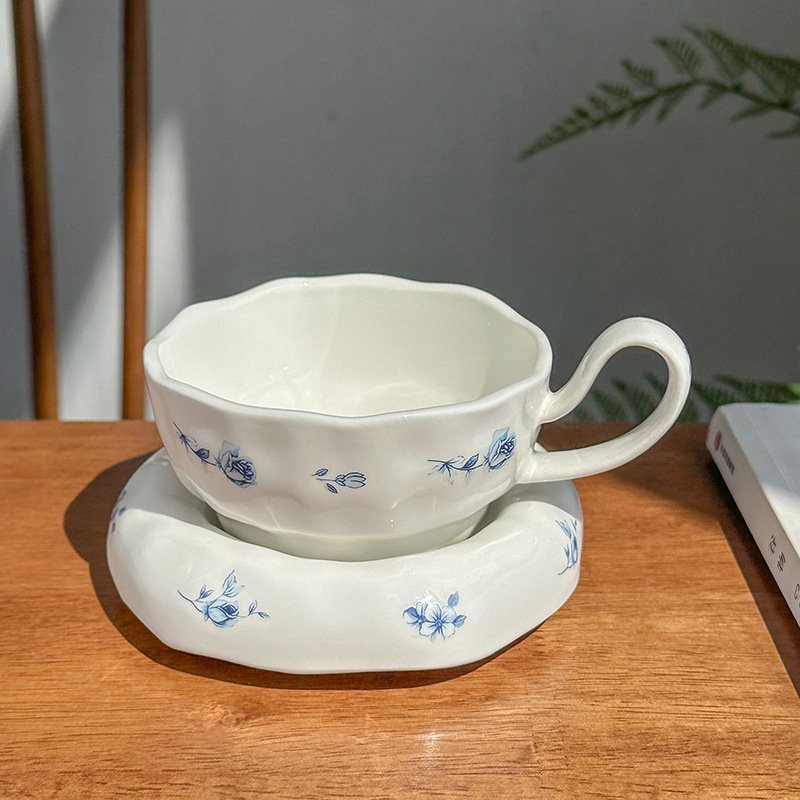 跨境热卖ins风 陶瓷高脚花朵咖啡杯碟小众下午茶碎花拿铁杯高颜值|undefined
