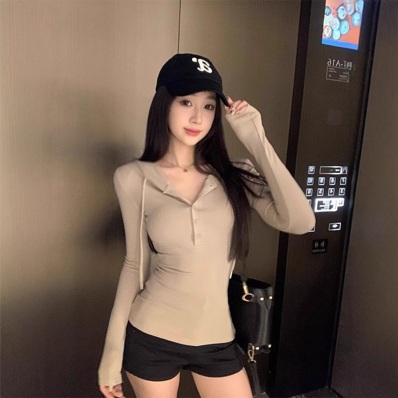 [Factory in stock] Original rayon cotton face Korean hooded long sleeve T-shirt women's spring slim fit slim niche top