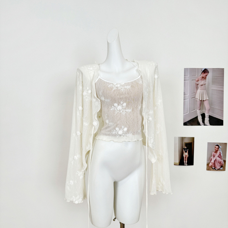 Normany has all summer white ruffled thin cardigan in stock. It's lightweight, slightly sheer, and sexy, making you look slimmer.