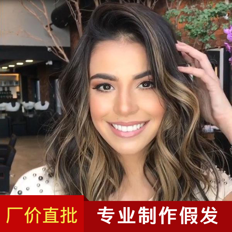 Amazon new partial shoulder-length curly hair Women's Big Wave gradient brown cross-border European and American rose net wig foreign trade