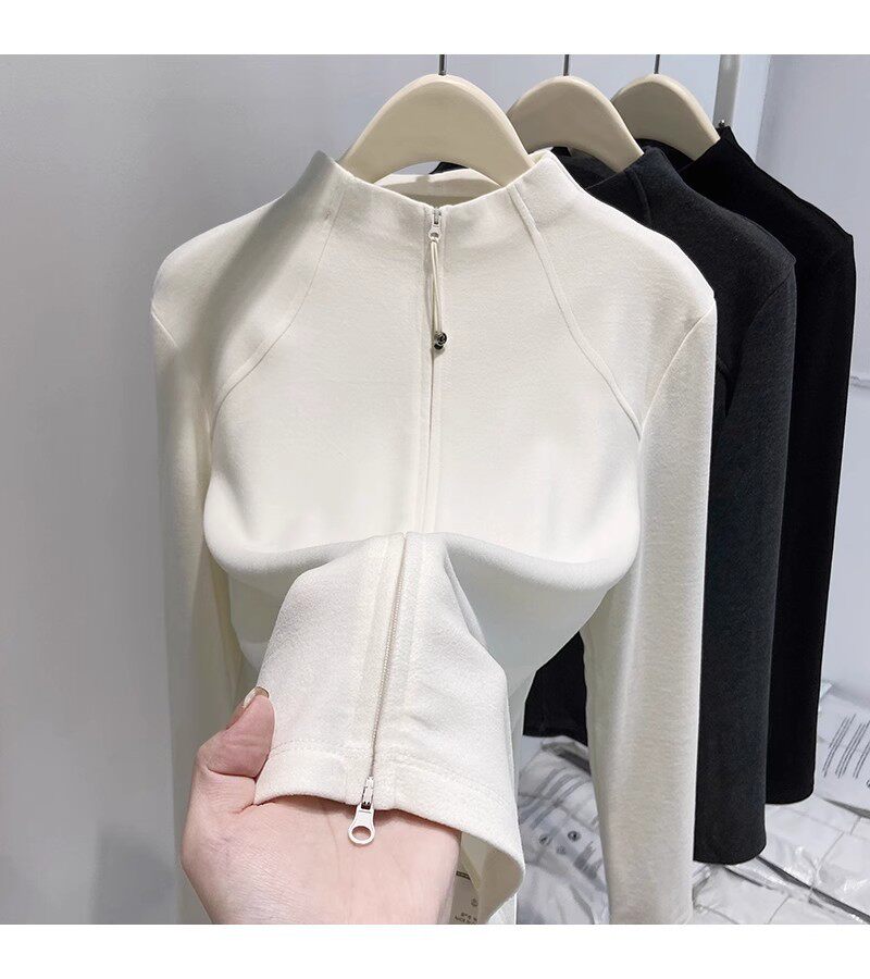 Áo khoác cardigan nữ dáng ôm cổ lọ nửa, khóa kéo đôi, tay dài, chất nhung Đức dày — màu xám đậm, màu đen, quả mơ chi tiết 6