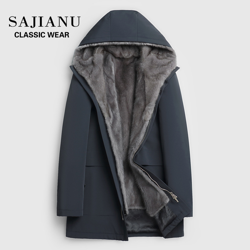 Fur integrated men's whole mink mink liner hooded mid-length parka suit middle-aged mink coat fur thick coat