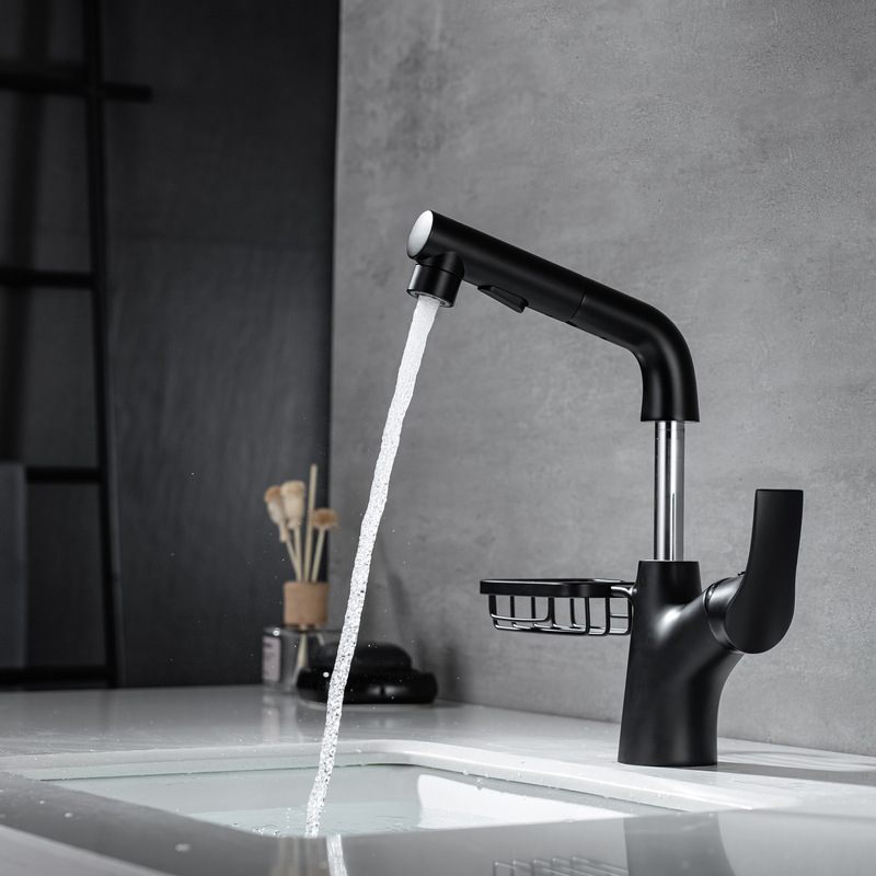 New black pull-out lifting rotating basin faucet with storage rack bathroom all copper hot and cold basin faucet