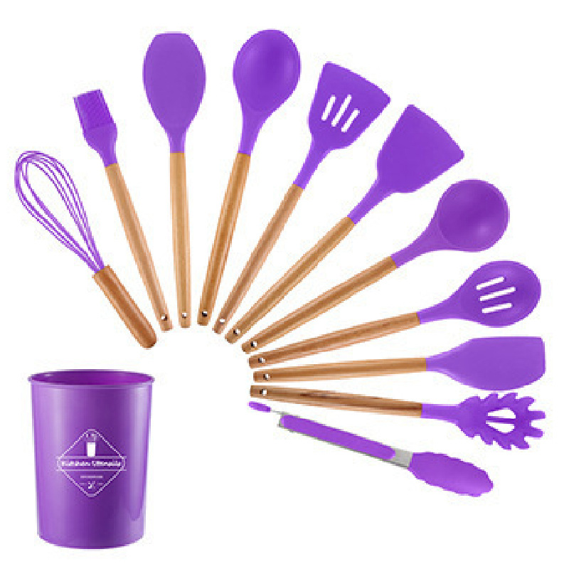 Juego de cocina de 12 piezas con utensilios de cocina de silicona, juego de nailon, cubo de almacenamiento, espátula de silicona con mango de madera, herramientas para hornear, cuchara de cocina, espátula.
