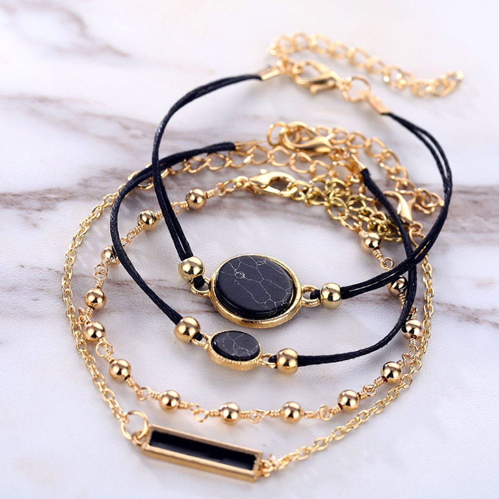 Personality Black Turquoise Pattern Bracelet Creative Geometric Black Square 4-piece Bracelet Set Bracelet_voghion.com