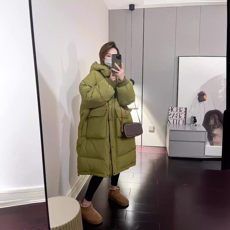 Popular Dongdaemun Korean style white duck down jacket Women's Mid-length loose casual all-match thick hooded jacket fashion