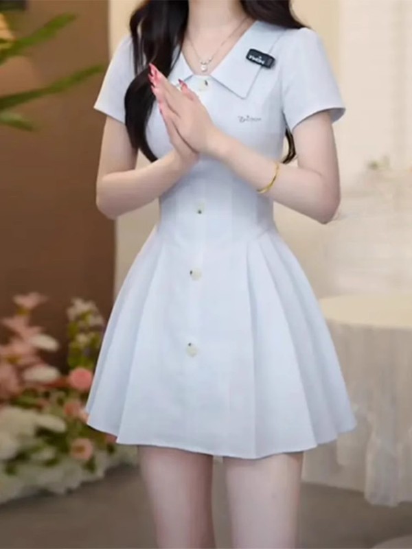 韓国の甘いカレッジスタイルの女性用ポロカラードレス夏の新しいニッチデザインウエスト痩身プリーツスカート|undefined