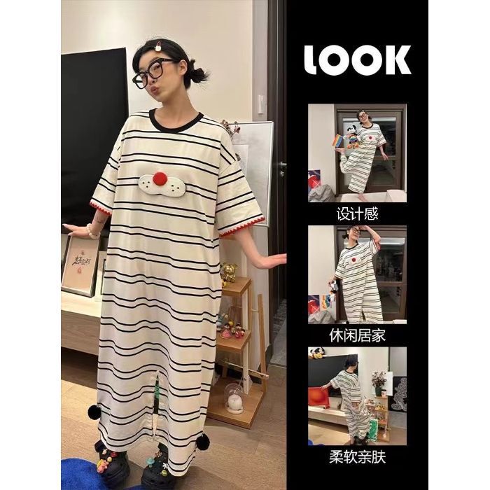 2025 One-Piece Pajamas for Women, Plus-Size Loungewear, Sleep Dress That Can Be Worn Outside, Cute Style, Thin Version with Chest Pads, Short Sleeves