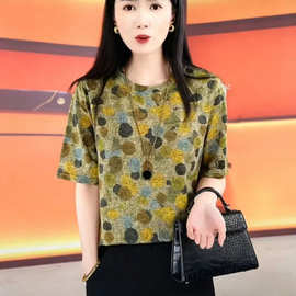 复古撞色波点中袖上衣女士薄款弹力宽松显瘦中 年妈妈百搭减龄T恤