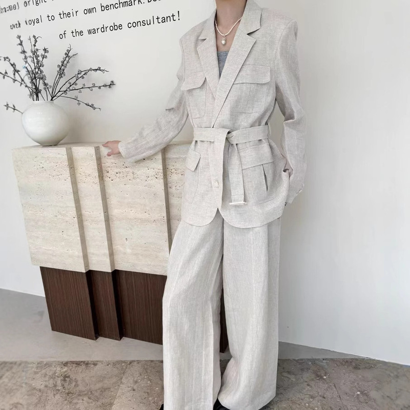 LP Traveler's Windbreaker Coat Women's 100 Linen Plain Jacket Suit Four-pocket Belt Tooling Hunting Short