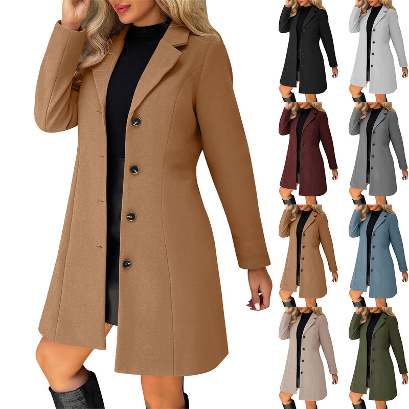 European and American 2025 Cross-Border Women's Autumn and Winter New Style Lapel Slim Solid Color Fashion Long Coat Versatile Woolen Jacket European and American 2025 Cross-Border Women's Autumn and Winter New Style Lapel Slim Solid Color Fashion Long Coat Versatile Woolen Jacket