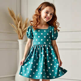 TD1013跨境外贸夏季中大女童宫廷风孔雀绿波点连衣裙