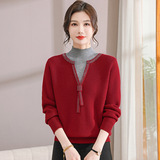 中老年女装秋冬针织衫加绒加厚保暖打底衫时尚假两件一体绒毛衣，女装针织衫/毛衣，妃慕昵服饰