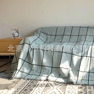 外貿亞馬遜速賣通棉麻風北歐簡約森系流蘇編織線毯沙發巾加厚蓋布